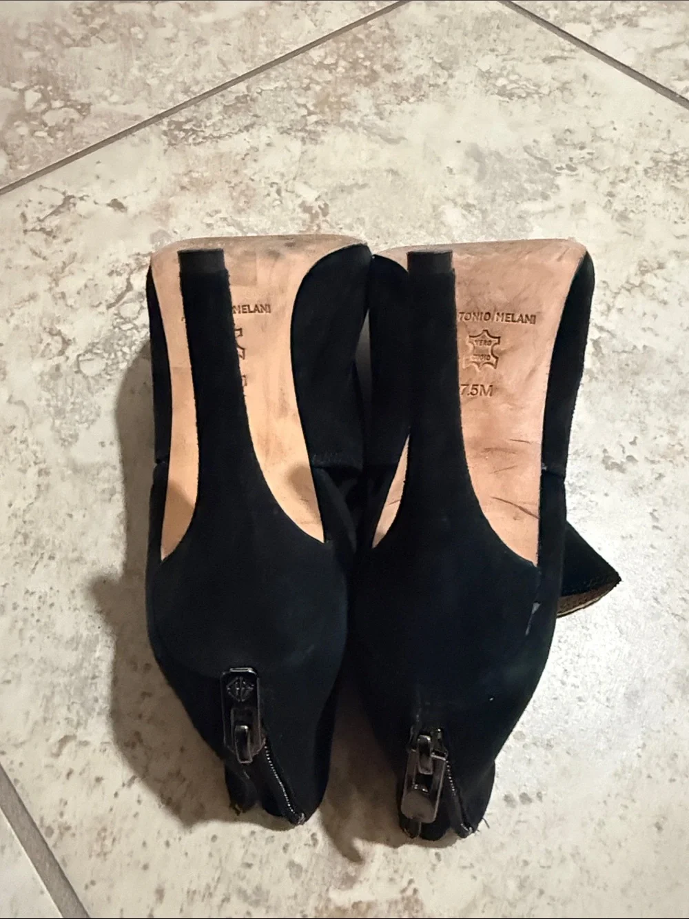 ANTONIO MELANI Black Suede Open-Toe Ankle Booties